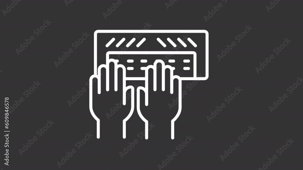 Braille white icon animation. Animated line hands typing on keyboard. Visually impaired. Seamless loop HD video with alpha channel, transparent background. Motion graphic design for night mode Braille white icon animation. Animated line hands typing on keyboard. Visually impaired. Seamless loop HD video with alpha channel, transparent background. Motion graphic design for night mode