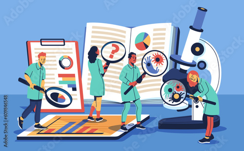 People with magnifying glass. Scientists team study viruses and bacteria, interns study special books, thorough search, characters in medical uniform cartoon isolated tidy vector concept