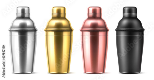 Realistic bar shaker. Different colors metal element, isolated bartender steel professional equipment, mixing drinks, luxury cocktails device, golden and silver, black and pink utter vector set