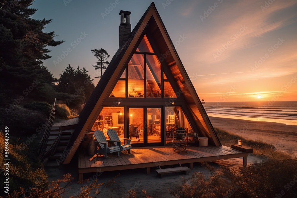 Fototapeta premium Cozy beach cabin sunset. Generate Ai