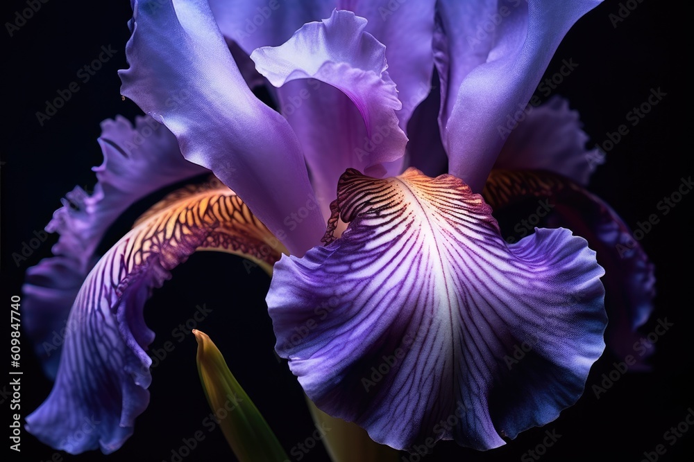 Portrait macro iris flower isolated on black AI Generative
