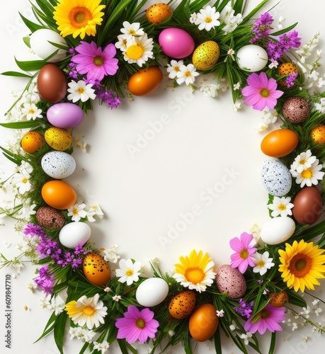 Frame with Easter composition, spring flowers and colorful eggs on white background, spring and Easter holiday, Generative AI Art Illustration 05