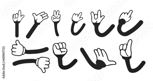 Cartoon hands in gloves. Funny retro mascot hand gestures and comic vintage arm character in expression poses. Palm and finger action. Vector set