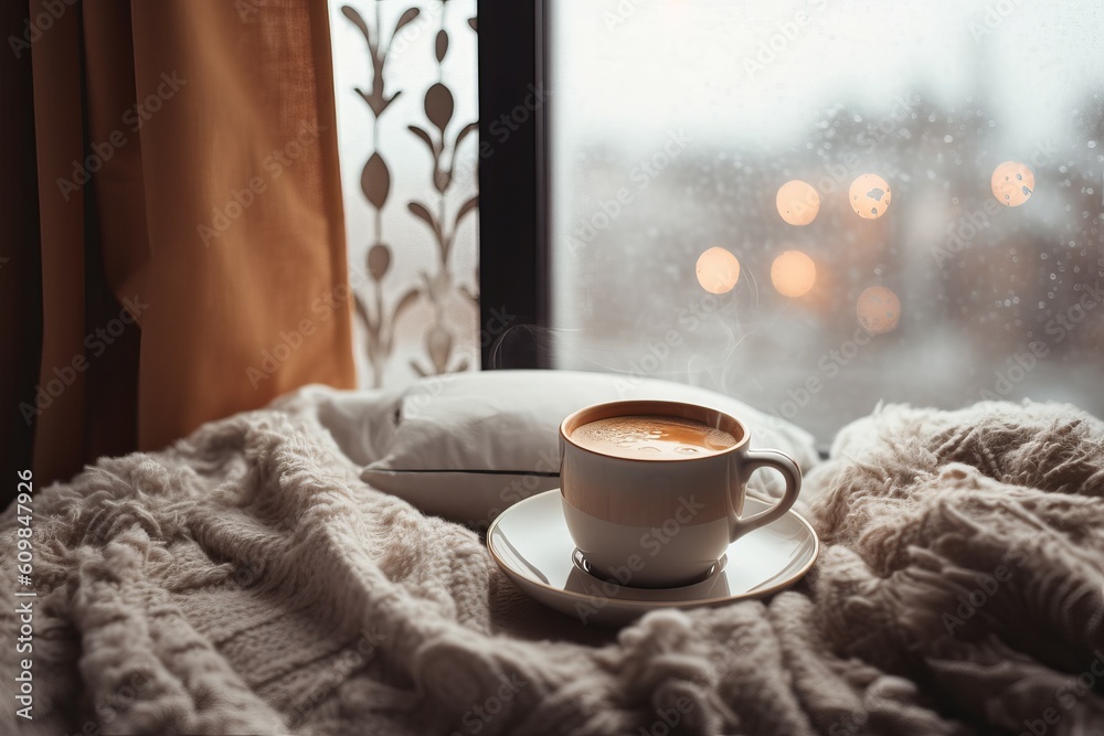 Coffee cup winter bed decor. Generate Ai