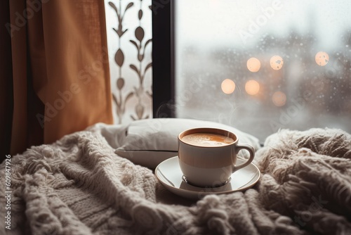 Coffee cup winter bed decor. Generate Ai