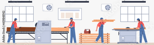 Woodworkers in workshop. Lumberworking machines, carpentry industry, creating furniture, professional equipment, furniture making process cartoon flat people sawing boards nowaday vector concept
