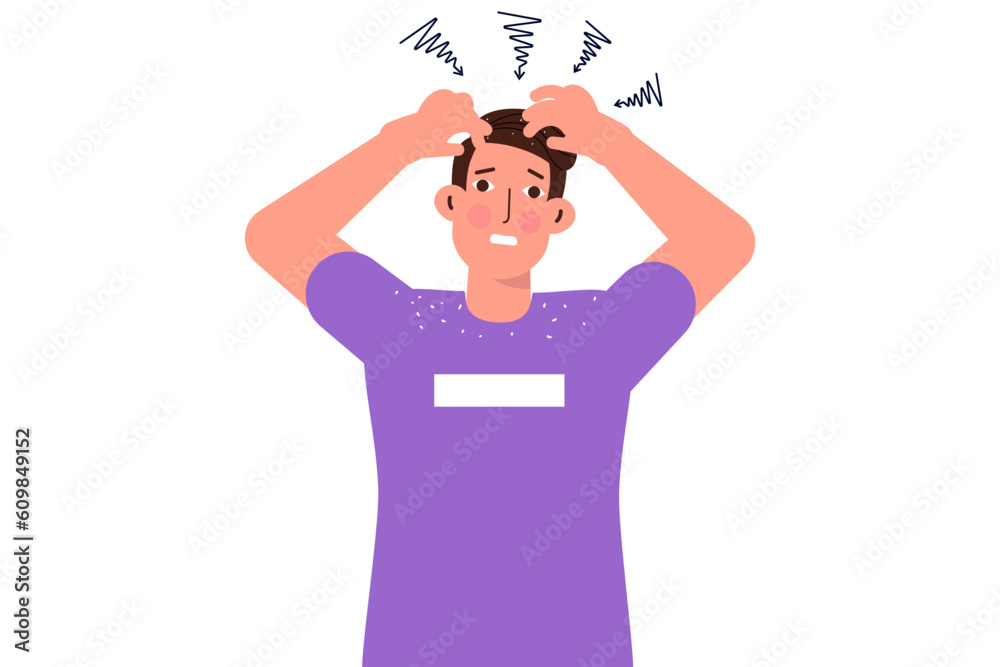 Dandruff, Itchy head and concept. Nervous man scratching her itchy scalp. Vector illustration. Dandruff, Itchy head and concept. Nervous man scratching her itchy scalp. Vector illustration.