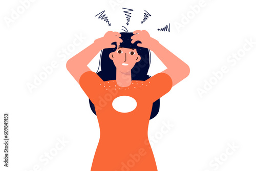 Dandruff, Itchy head and  concept. Nervous woman scratching her itchy scalp. Vector illustration.