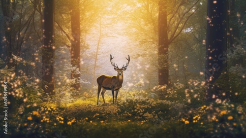 a deer with antlers in the forest with sunlight behind it Generative Ai