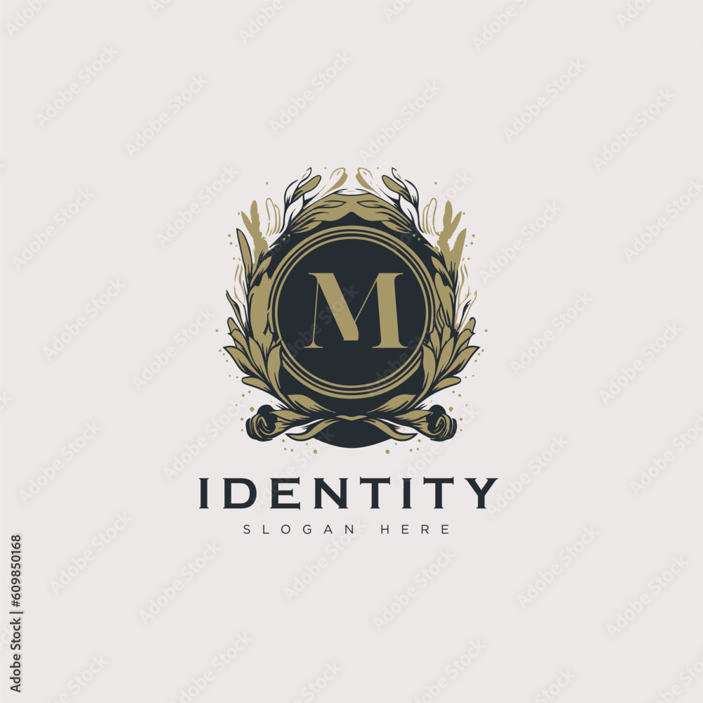 Initial M letter luxury beauty flourishes ornament golden monogram logo ...