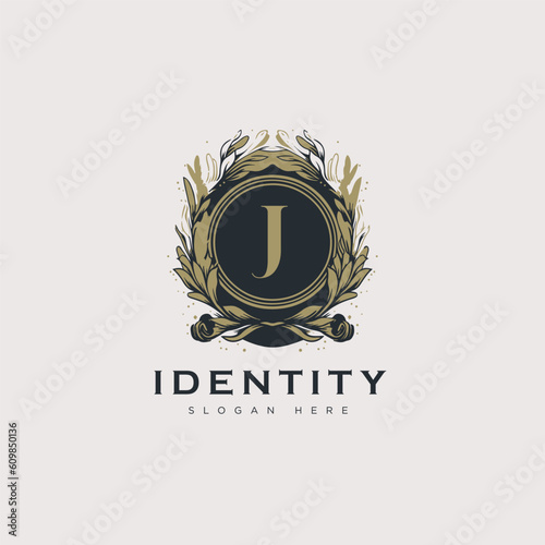 Initial J letter luxury beauty flourishes ornament golden monogram logo art