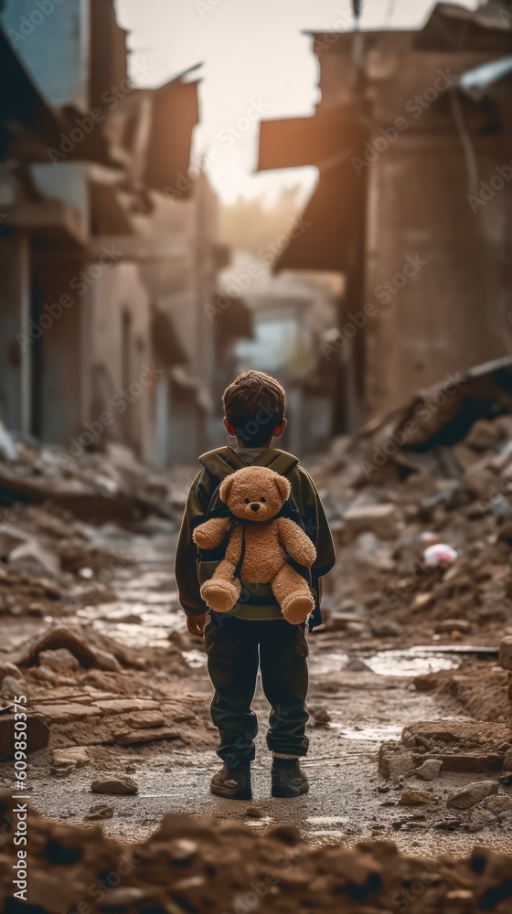 Illustration of a young boy walking through a war zone with a teddy bear in hand created with Generative AI technology Illustration of a young boy walking through a war zone with a teddy bear in hand created with Generative AI technology