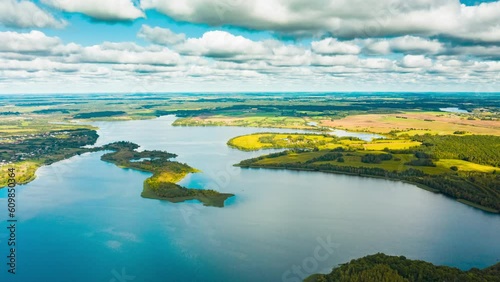 Hyperlapse Timelapse Dronelapse 4K Aerial View Of Villages Houses On Rivers Lakes Islands Summer Day. Top View Of Lake Nature From Attitude. Scenery Scenic Calm Landscape. photo