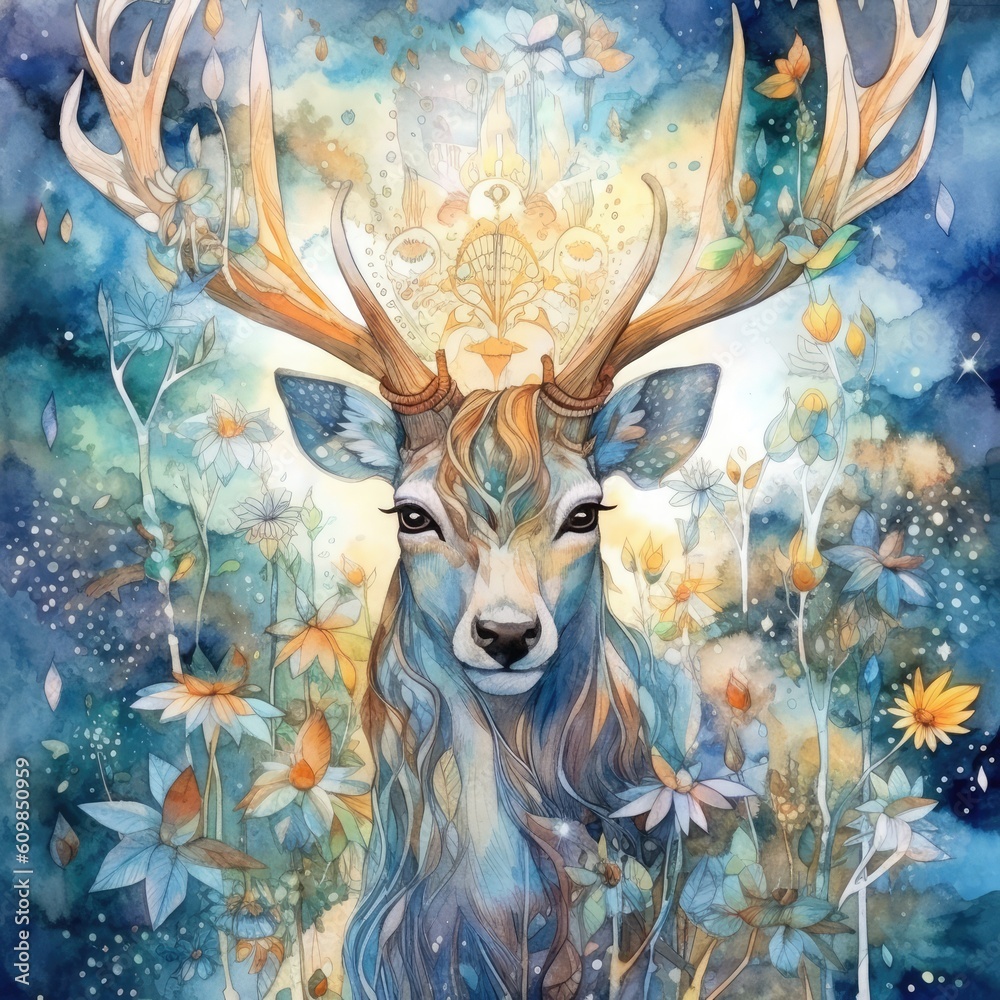 watercolor deer is in the open air in a forest Generative Ai