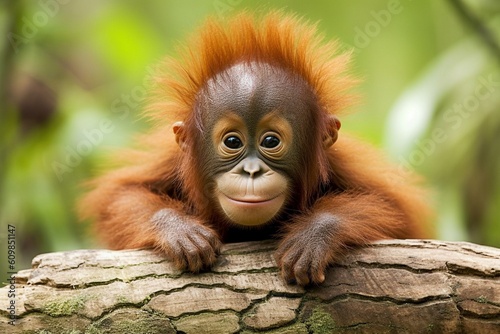Smiling Young Orangutan on Tree Branch in Forest photo