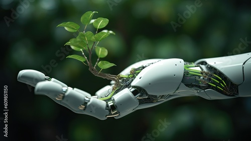 AI humanoid robot touching plant, a metaphor for using Artificial Intelligence to fight climate change, Environment AI CO2 emissions concept, Generative AI