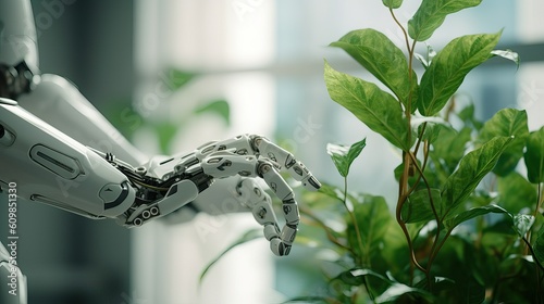 AI humanoid robot touching plant, a metaphor for using Artificial Intelligence to fight climate change, Environment AI CO2 emissions concept, Generative AI