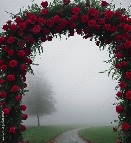 Red roses, gray foggy background, flower arch, Generative AI Art Illustration 02