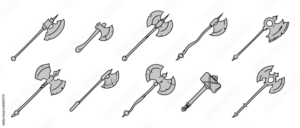 Naklejka premium Set of medieval axes. Medieval weapon. Hand drawn axe illustration. Vector illustration isolated on white background.