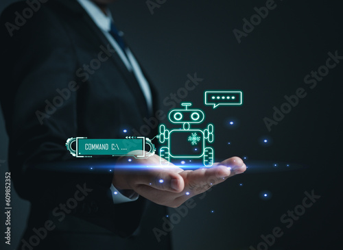 Businessman hand holding an AI model. Show chat with ai system. Concept of network communication. chat bot concept.