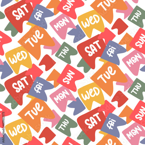 A pattern of flags with labels of days of the week for the calendar. Abstract background with square flags with full and abbreviated lettering. Seamless calendar elements background. Printing