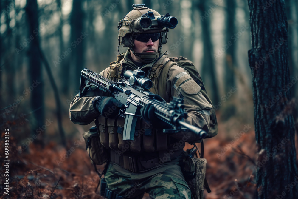 man in army kit holds a rifle in woodland stock photo, in the style of meticulously detailed, Generative AI 
