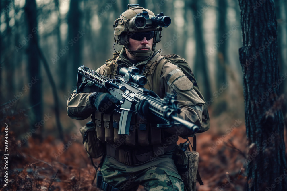 man in army kit holds a rifle in woodland stock photo, in the style of meticulously detailed, Generative AI man in army kit holds a rifle in woodland stock photo, in the style of meticulously detailed, Generative AI