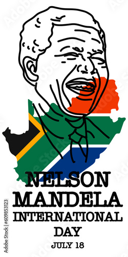 Nelson Mandela International Day. Stock vector illustration. Contour portrait of a laughing man against the background of the flag and the outline of South Africa. Rights, strength, victory, equality