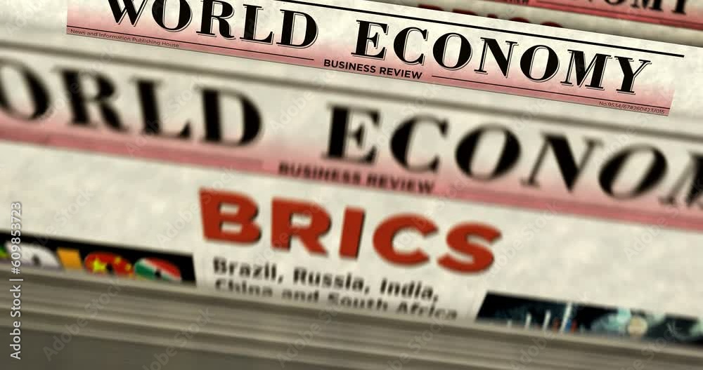 BRICS Brazil Russia India China South Africa economy association daily news newspaper printing. Abstract concept retro headlines 3d seamless looped. BRICS Brazil Russia India China South Africa economy association daily news newspaper printing. Abstract concept retro headlines 3d seamless looped.