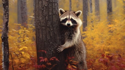a raccoon stands up in the middle of a birch tree Generative Ai © orderpretty