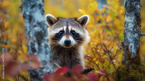 a raccoon stands up in the middle of a birch tree Generative Ai
