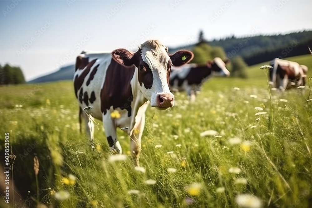 Portrait cow in the meadow with light exposure AI Generative