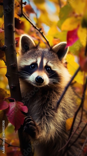 a raccoon is leaning out of leaves hanging from a tree Generative Ai