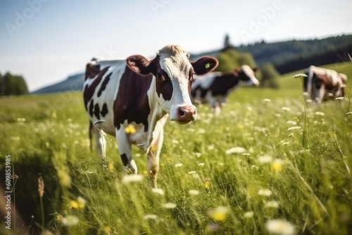 Portrait cow in the meadow with light exposure AI Generative