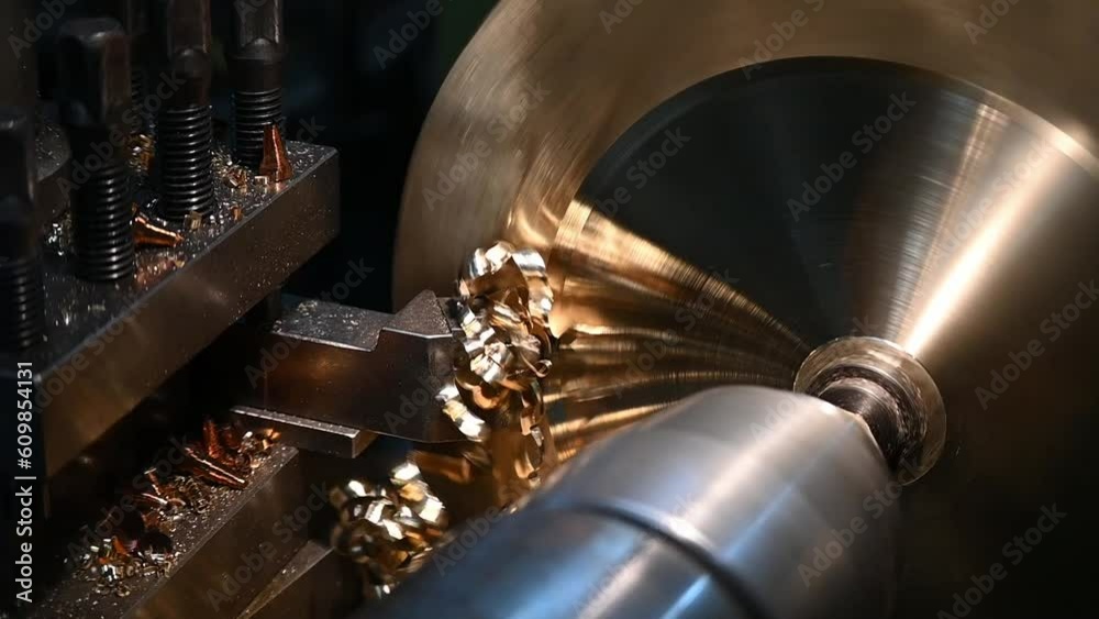 Close-up the lathe machine finish cutting the brass disk parts by lathe tools. Close-up the lathe machine finish cutting the brass disk parts by lathe tools.