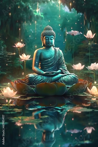 Portrait buddha statue with lotus flower AI Generative