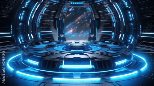 Fototapeta Naklejka Na Ścianę i Meble -  Sci-fi product podium showcase inside spaceship with security metal gate background. Technology and object concept. 3D illustration. Generative AI.