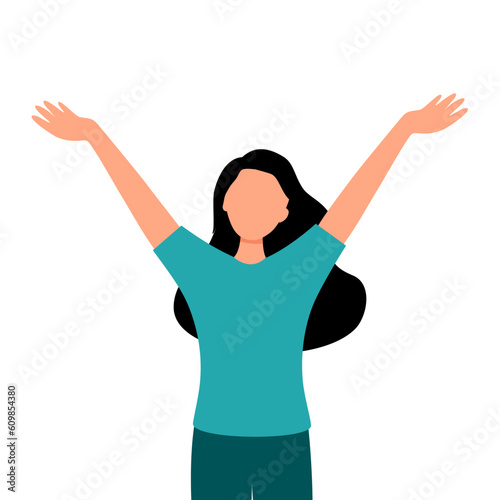 Woman celebrates freedom happiness expression in flat design on white background.