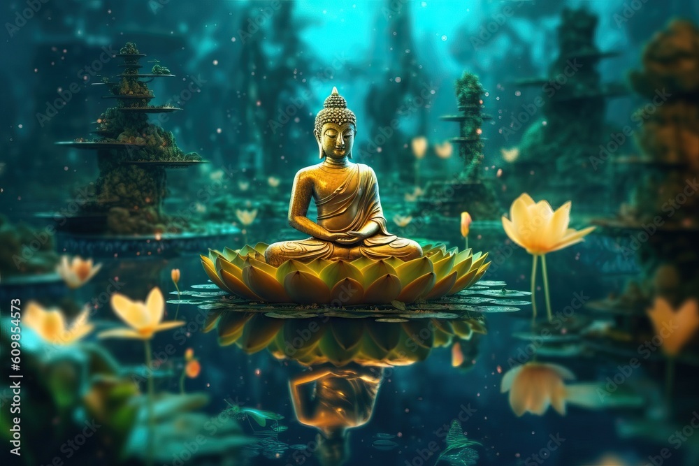 Portrait buddha statue with lotus flower AI Generative