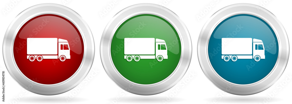 Delivery vector icon set. Red, blue and green silver metallic web buttons with chrome border Delivery vector icon set. Red, blue and green silver metallic web buttons with chrome border