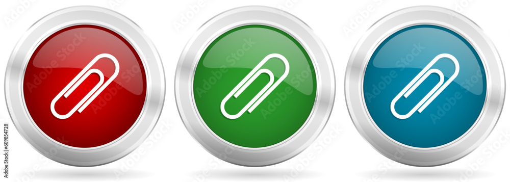 Paperclip vector icon set. Red, blue and green silver metallic web buttons with chrome border Paperclip vector icon set. Red, blue and green silver metallic web buttons with chrome border
