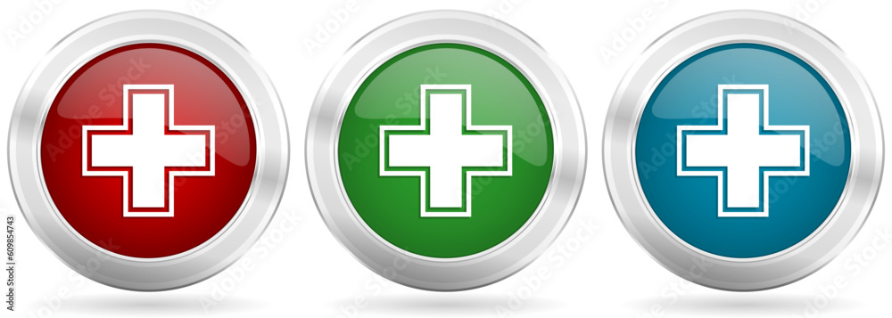 Fototapeta premium Pharmacy vector icon set. Red, blue and green silver metallic web buttons with chrome border