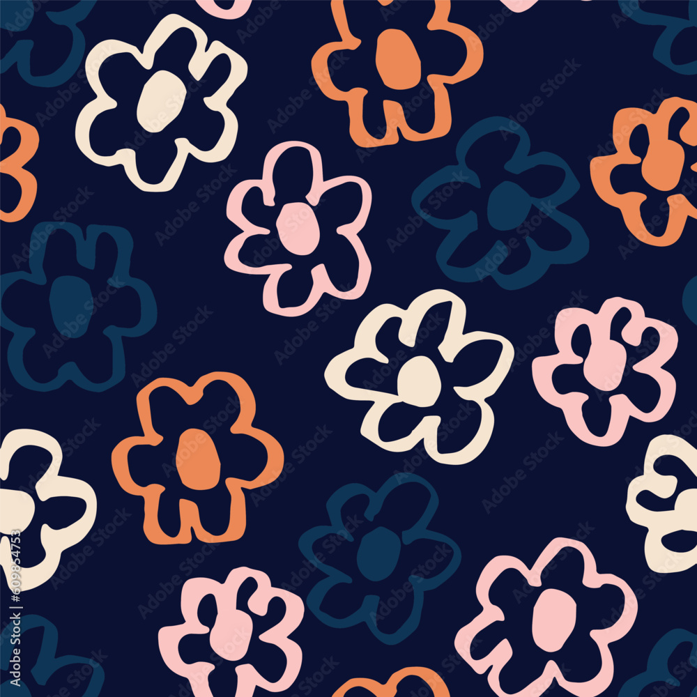 Fototapeta premium Abstract seamless pattern with hand drawn ink flowers. Vector floral texture. Beautiful botanical background in retro style