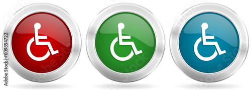 Wheelchair vector icon set. Red, blue and green silver metallic web buttons with chrome border