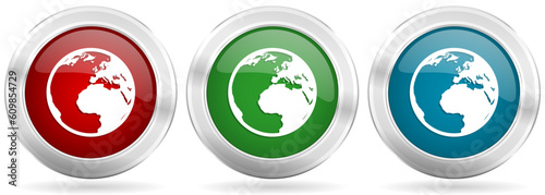Earth vector icon set. Red, blue and green silver metallic web buttons with chrome border