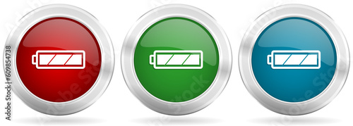 Free Download Battery vector icon set. Red, blue and green silver metallic web buttons with chrome border - GFXLoad