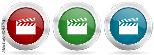Video vector icon set. Red, blue and green silver metallic web buttons with chrome border