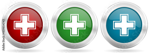 Pharmacy vector icon set. Red, blue and green silver metallic web buttons with chrome border