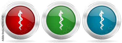 Emergency vector icon set. Red, blue and green silver metallic web buttons with chrome border