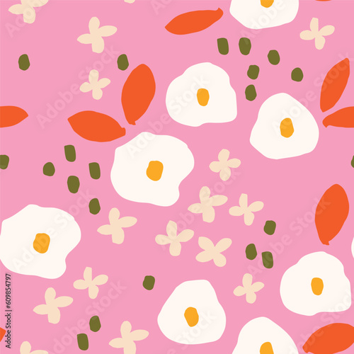 Beautiful feminine texture with Bold Flowers. Vector seamless Floral pattern. Botanical background with hand drawn flowers. Floral field print